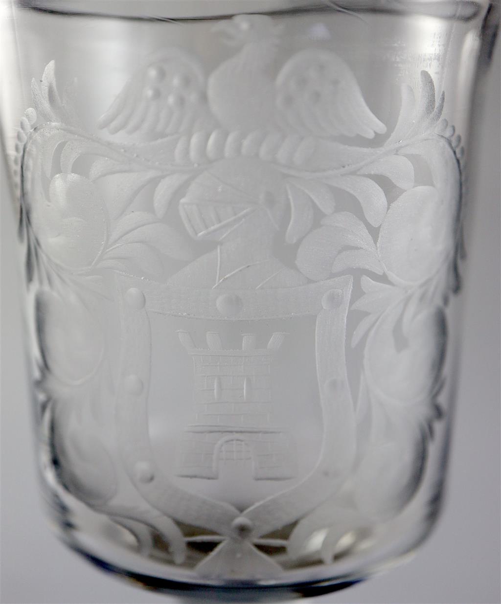 A George II plain stem armorial wine glass, c.1750, 16.5cm high